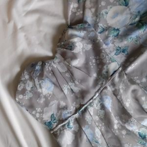 Gray blue floral strapless bridesmaids dress